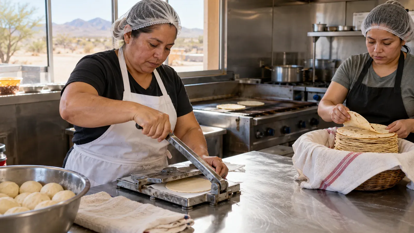 A cook in an apron and hairnet presses fresh tortillas on a steel prep table while a coworker stacks them into a cloth lined basket